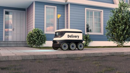 Autonomous delivery robot arrives at a modern house and stops at the front door with a package, symbolizing contactless logistics, smart city technology and the future of everyday ecommerce worldwide. - Powered by Adobe