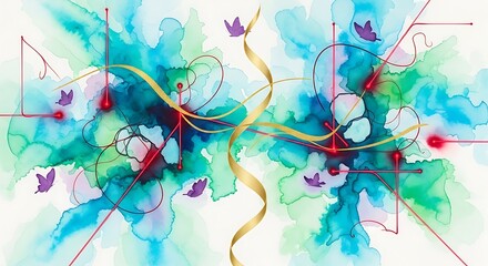 Watercolor abstract painting with gold ribbon and modern graphic elements