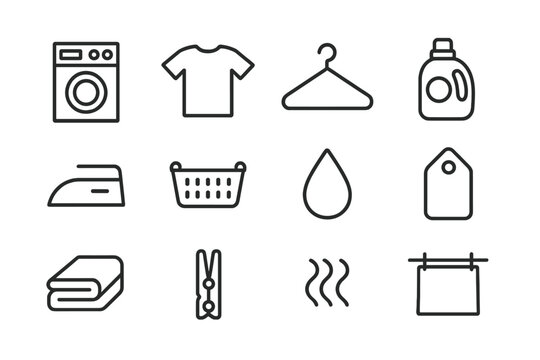 Laundry Care Icons. Laundry care. Line icon set of laundry care: washing machine, detergent bottle, towel, water droplet, laundry basket, hanger, iron, drying