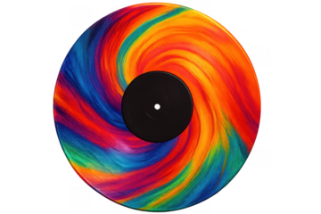 Colorful vinyl record showcasing abstract rainbow swirl design, representing vibrant music and psychedelic audio art on transparent background