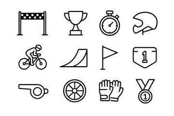 Bike Competition Icons. Bike competition. Line icon set of bike competition: finish line, trophy, stopwatch, helmet, biker, ramp, flag, number plate, whistle,