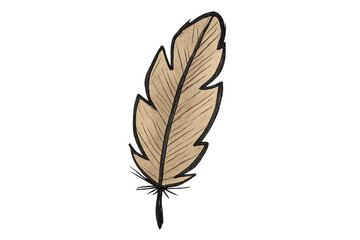 Brown feather drawing with black outline, representing writing, storytelling, and classic ancient communication