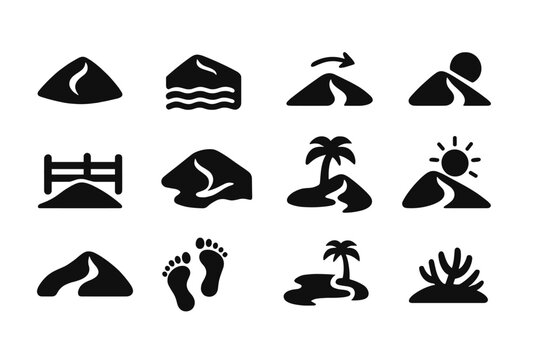 Sand Dune Icons. Sand Dune Mounds. Solid icon set of Sand Dune Mounds: crescent dune, ripple pattern, slip face, wind arrow, sand fence, camel track, oasis