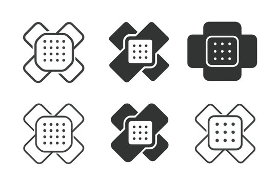 Bandage Icon Set. Bandages and gauze. Icon set. Set Logo of bandages and gauze: scissors cutting gauze strip. harmonious logo variations of the same emblematic