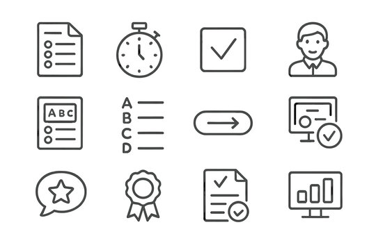 Online Exams Icons. Online exams and assessments. Line icon set of online exams: question sheet, timer, checkbox, answer form, multiple choice, submit button,