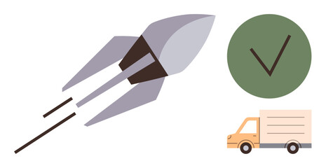 Rocket blasting off, green checkmark symbolizing approval, delivery truck for logistics. Ideal for business, innovation, speed, logistics, delivery approval success. Simple flat metaphor