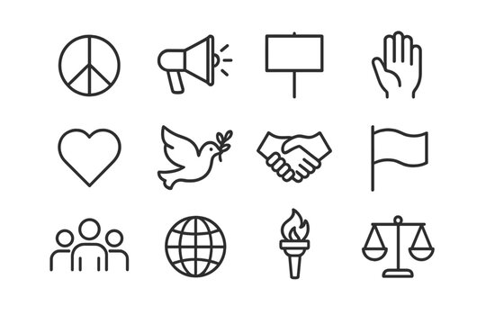 Nonviolent Protest Icons. Nonviolent protest. Line icon set of nonviolent protest: peace sign, megaphone, protest sign, raised hand, heart, dove, handshake,