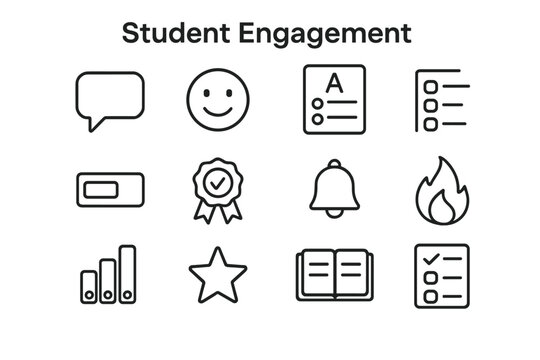 Online Engagement Icons. Student engagement. Line icon set of online engagement: discussion bubble, reaction emoji, quiz, poll, progress bar, badge, reminder