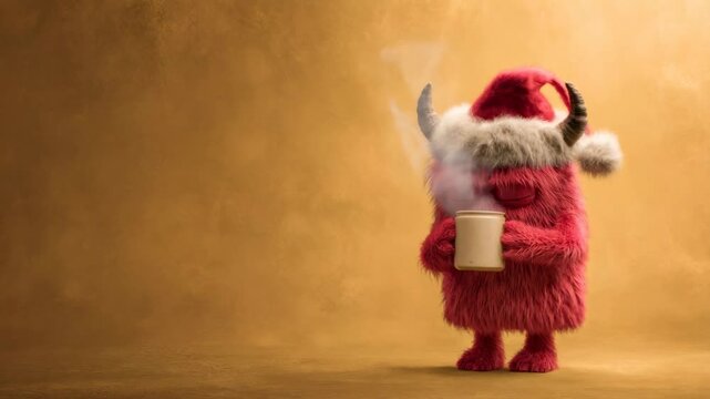 Funny fluffy red monster in a Santa hat drinking a hot steaming beverage from a mug, perfect for Christmas or holiday greetings
