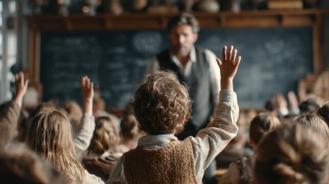 Engaged Schoolchildren in Classroom with Teacher Explaining Lesson
