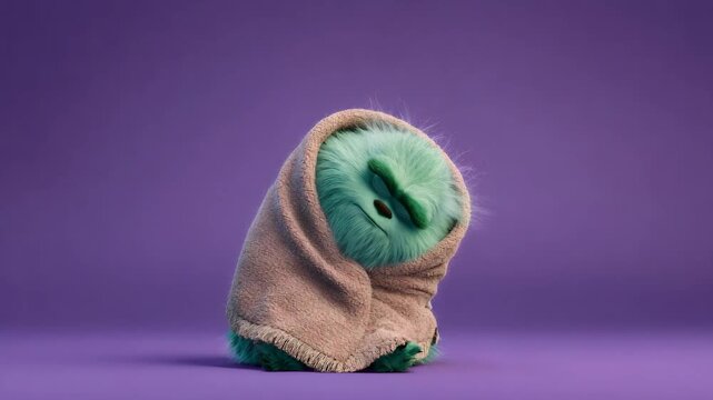 Fluffy funny monster wrapped in blanket with grumpy expression turns on purple background video
