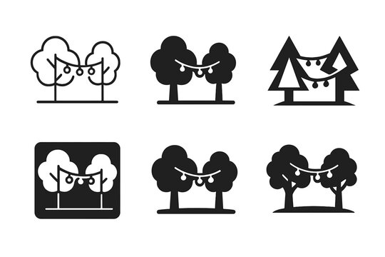 Outdoor Fairy Lights Logos. Setting up outdoor fairy lights. Icon set. Set Logo of setting up outdoor fairy lights: cozy terrace lighting. harmonious logo