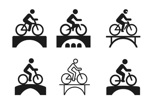Bicycle Commuting Logos. Bicycle commuting. Icon set. Set Logo of Bicycle Commuting: front view of bicycle with city elements. harmonious logo variations of