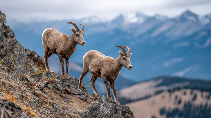 Naklejka premium Mountain goats standing on rocky cliff edge with snow capped mountains and cloudy sky in background natural wildlife alpine habitat outdoor scenery