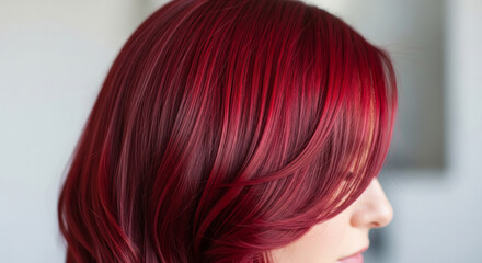 A striking rear view of a woman with beautiful hair dyed a vibrant cherry color.