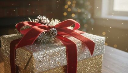 Christmas gift box with red ribbon cozy home setting festive vibes