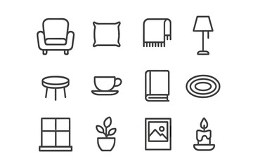Minimalist Relaxation Icons. Relaxation corner. Line icon set of relaxation corner: armchair, cushion, blanket, floor lamp, small table, teacup, book, rug,