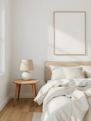 Minimalist bedroom interior with a comfortable bed, rattan headboard, round wooden bedside table, and a beige lamp, bathed in natural light, with a blank frame on a white wall