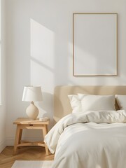 Minimalist bedroom interior with a comfortable bed, upholstered headboard, rectangular wooden bedside table, and a white lamp, natural light, blank frame on a white wall