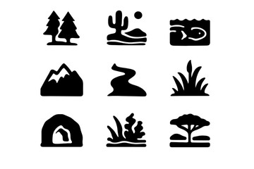 Obraz premium Natural Habitats Icons. Natural Habitats. Solid icon set of Natural Habitats: forest, desert, ocean, mountain, river, wetland, cave, grassland, coral reef,