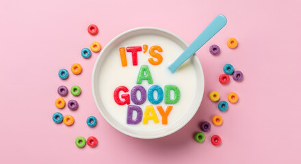 Colorful Cereal Spelling "It's a Good Day" in Milk Bowl