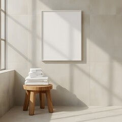Blank vertical frame mockup in a modern minimalist bathroom interior, featuring a light beige tiled wall, a wooden stool with neatly folded white towels, and soft natural light from a window