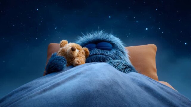 Blue funny fluffy monster yawning in bed with a teddy bear, then falling asleep under a starry sky