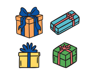 Gift boxes with bows set, hand drawn doodle