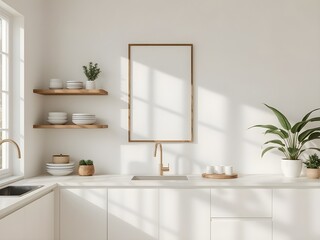 Modern kitchen interior with white cabinets, wooden countertop, silver faucet, sink, wooden floating shelves with dishes, green plants, and a blank vertical frame on the wall, illuminated by sunlight