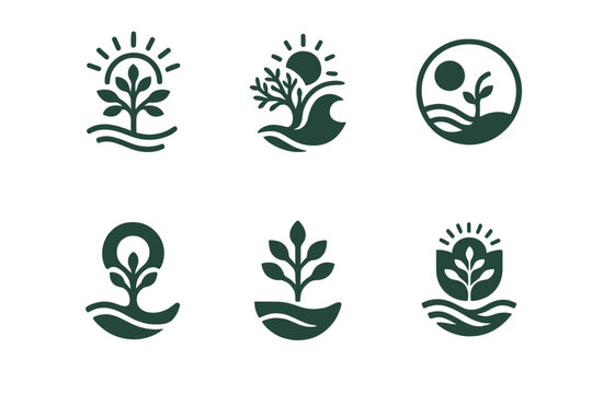 Nature's Power Icons. The power of nature to inspire creativity and calmness. Icon set. Set Logo of nature?s power: abstract balance of tree, sun, and wave.