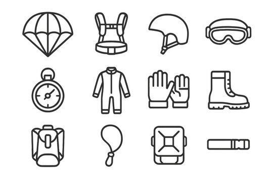 Parachuting Gear Icons. Parachuting training. Line icon set of parachuting training: harness adjustment, helmet, jumpsuit, parachute, altimeter, ripcord,