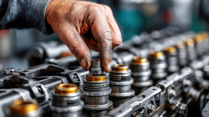 Close-up of a mechanic's hand installing or repairing metal engine valve components on a car engine with detailed focus on the cylindrical parts and surrounding mechanical elements.