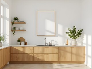 Modern kitchen interior with light wooden cabinets, white countertop, sink, and a blank vertical picture frame on a white wall, bathed in natural sunlight minimalist decor with potted plants