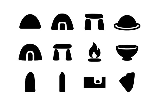 Burial Mound Icons. Burial Mound. Solid icon set of Burial Mound: kurgan, tumulus, entrance stones, ring ditch, passageway, capstone, ritual fire, offering