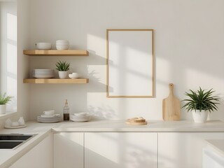 Modern kitchen interior with white base cabinets, light wood open shelves, white countertop, and a blank vertical picture frame on a white wall, illuminated by natural light potted plants