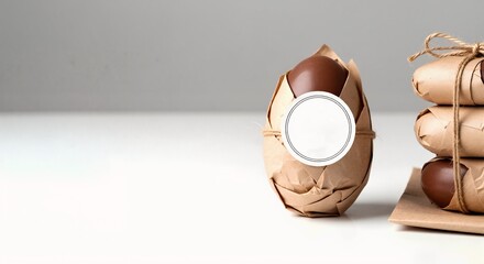Chocolate easter eggs in rustic handmade packaging. Artisanal candy gift with logo mockup label for branding. Minimalist spring holiday background with copy space