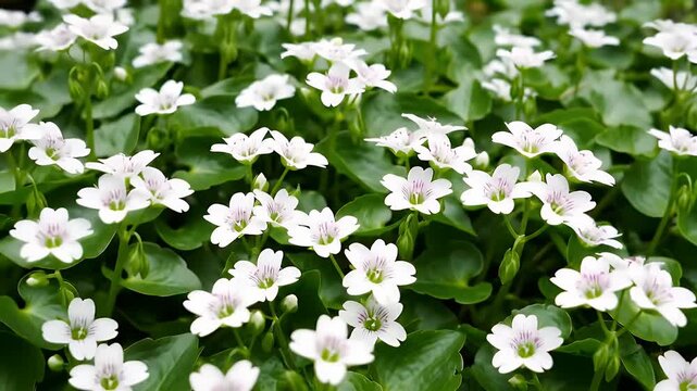 Closeup Of Numerous White Flowers With Green Leaves In Outdoor Setting On Summer Day