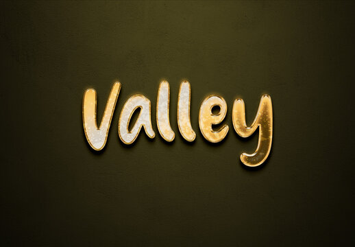 Old gold text effect of word Valley with 3D glossy style Mockup.
