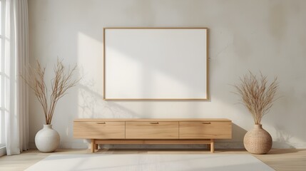 Minimalist living room interior with a large horizontal blank picture frame mockup on a light wall above a wooden console table, flanked by decorative dried plants in vases, bathed in soft sunlight