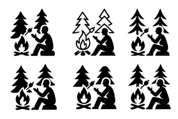 Obraz premium Campfire Logo Variations. A person sitting by a campfire in the woods, roasting marshmallows and telling stories. Icon set. Set Logo of A person sitting by a