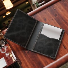 Leather restaurant check holder, classic style, black tones, used for bills and payments
