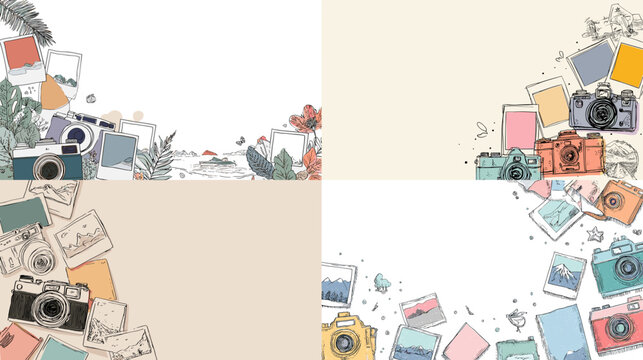 Colorful camera and photo themed corner frames with scattered snapshots and travel elements on a bright background. Great for travel journals social posts posters and creative layouts.