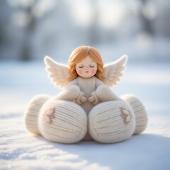 A cute knitted angel doll with a peaceful mood sitting in snowy winter scenery
