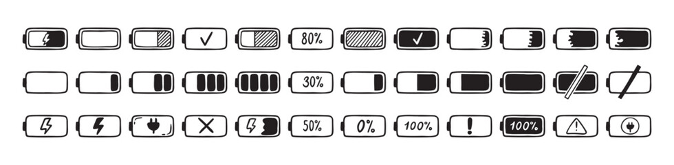 Mobile battery doodle Hand drawn set. Collection pen ink pencil drawing sketches connection indicator isolated. low or high energy charge © Yanka