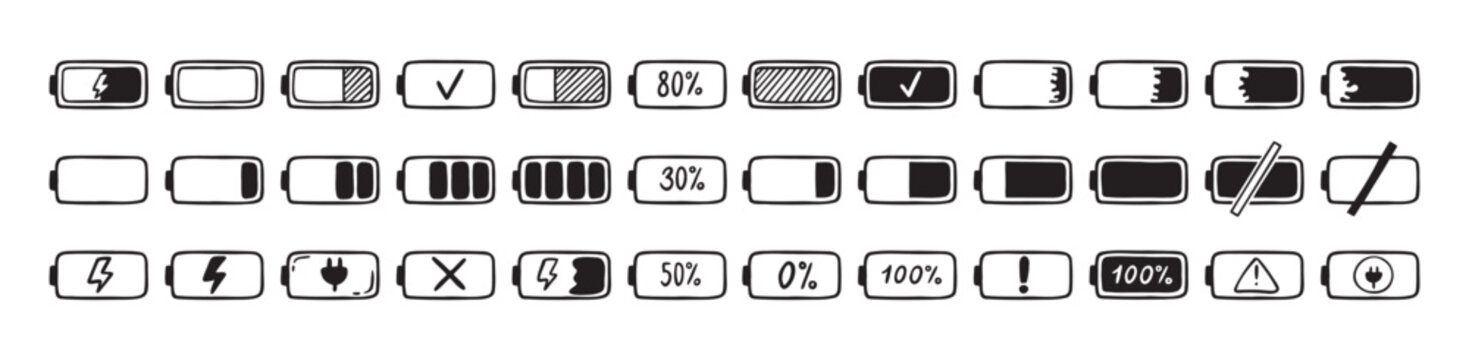 Mobile battery doodle Hand drawn set. Collection pen ink pencil drawing sketches connection indicator isolated. low or high energy charge