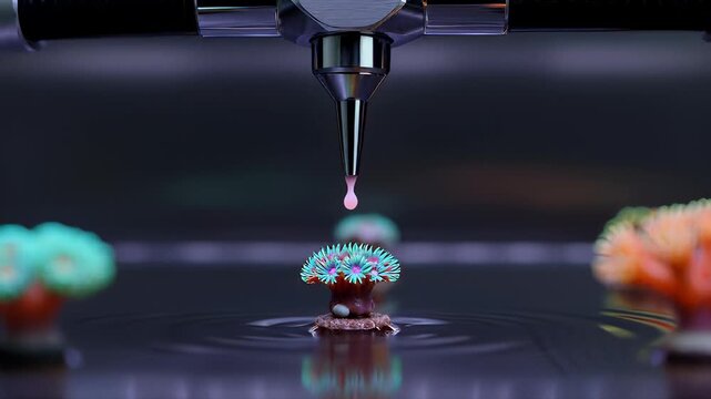 A futuristic robotic coral cloner precisely doses growth fluid, nurturing a colorful polyp in an advanced marine biology lab.