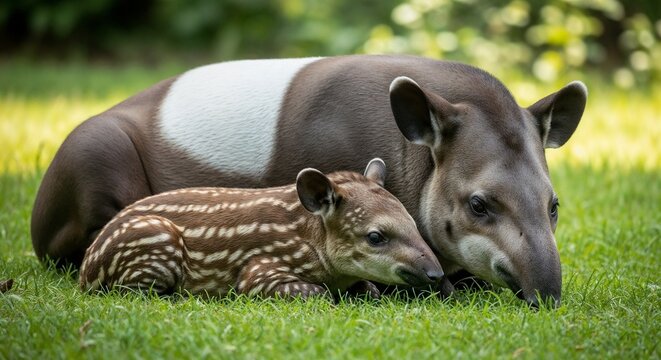 A mother tapir with a gentle mood resting with her baby on green grass