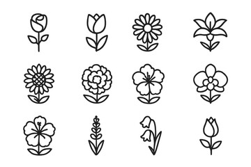 Fototapeta premium Flower Icon Set. Flower bouquet. Line icon set of flower bouquet: rose, tulip, daisy, lily, sunflower, peony, bud, ribbon, stem, leaf, bouquet wrap, orchid.