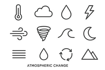 Atmospheric Icons Set. Atmospheric change. Line icon set of atmospheric change: thermometer, cloud, raindrop, lightning, wind, tornado, wave, moon, fog,