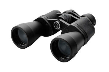 Black binoculars, focused on a dark background.  Two large, cylindrical bodies joined together, each with a lens.  Adjustable mechanisms.  Simple design